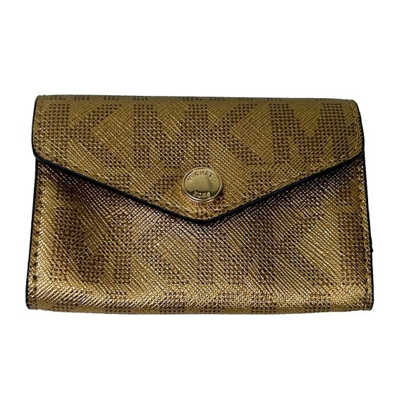Michael Kors Signature Saffiano Card Holder Wallet Gold Metallic MK Logo Folding - Picture 1 of 10